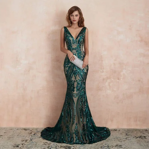 Vista 2 de Engerla Vestidos de noche con cuello en V de sirena, vestidos de baile de graduación, vestido de fiesta para mujer, vestidos de celebridades