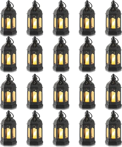 Vista 11 de Romadedi Mini Linternas Decorativas para Centro de Mesa: 10 piezas de linterna pequeña negra colgante a granel con velas LED parpadeantes para Negro