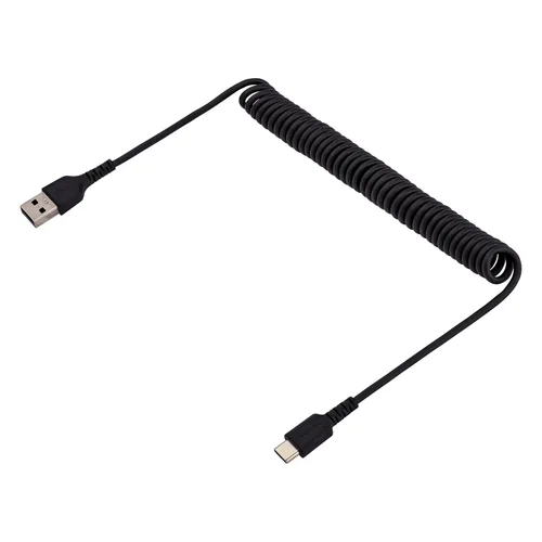 Vista 2 de StarTech Cable USB-A a USB-C en espiral de 3.3 pies, negro, 3A, USB 2.0 Carga y sincronización, chaqueta TPE, macho a hombre, fibra de aramida