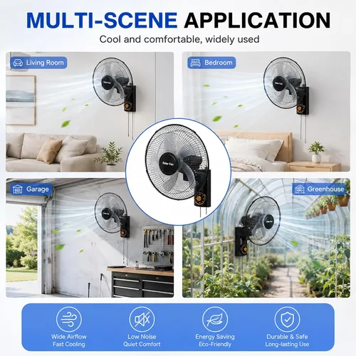 Vista 8 de Ventilador solar de montaje en pared de 16 pulgadas, ventiladores de doble potencia con panel solar de 20 W, oscilación de 90°, ventilador