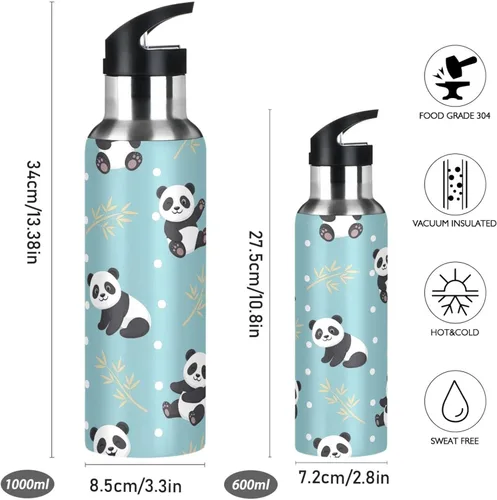 Vista 2 de Cute Cartoon Pandas Poses Insulated Stainless Steel Water Bottle with Straw 20 Oz, BPA-Free Sports Water Bottle with Straw Leakproof Water Bottles