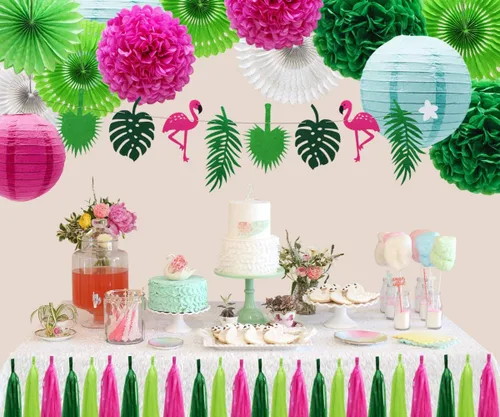 Vista 3 de Juego de 29 piezas de decoración de fiesta de hojas de palmera de flamenco tropical, abanicos de papel, pompones y linternas para Luau hawaiano