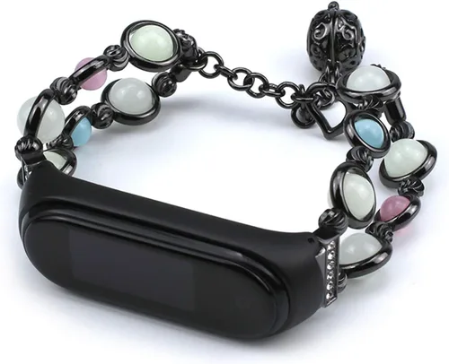 Vista 3 de Mi Band 7 - Correa de repuesto para mujer, hecha a mano con perlas luminosas, ajustable, de metal, con cuentas elásticas, compatible con Mi Band 7