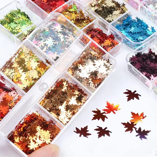 Vista 3 de Juego de manicura con diseño de hojas de arce, con purpurina, holográfica, para otoño, con lentejuelas, para otoño, Acción de Gracias, decoración