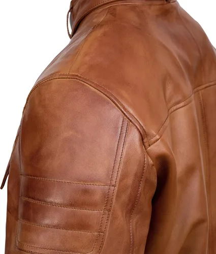 Vista 3 de Chaqueta de cuero de color sólido para hombre Cafe Racer estilo motocicleta Chaqueta de cuero marrón para motocicleta ajustada para hombre