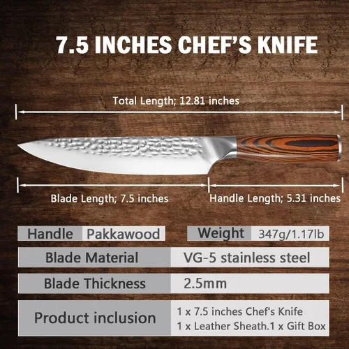 Vista 2 de Cuchillo de chef profesional súper afilado de 7.5 pulgadas con mango de madera de Pakkawood, acero inoxidable VG-5, cuchillo de cocina para carne
