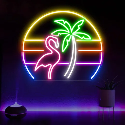 Vista 4 de Letrero de neón de flamenco con palmera de neón (15 x 13 pulgadas), letrero de luz de neón de onda vaporosa para decoración de pared, tropical, Tiki