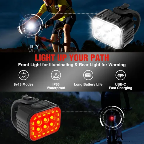 Vista 5 de WORKPRO Juego de 4 luces de bicicleta [8+13 modos], combo de faros delanteros y traseros de bicicleta recargable, ultra brillante, juego de luces