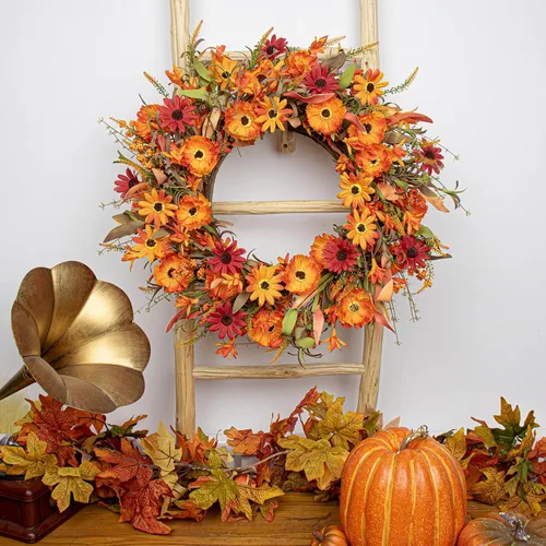 Vista 2 de J'FLORU Corona artificial de otoño de 22 pulgadas, coronas de otoño para puerta delantera, corona de margaritas naranjas con bayas silvestres