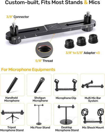 Vista 5 de Barra de micrófono estéreo, barra de montaje de micrófono doble ajustable, soporte de micrófono doble universal para soporte, barra de micrófono