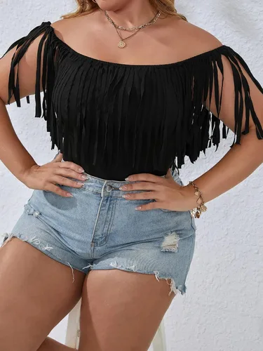 Vista 5 de WDIRARA Body sin mangas para mujer con flecos y hombros descubiertos