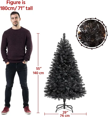 Vista 4 de [Usado] Yaheetech Árbol de Navidad artificial de pino abeto negro con bisagras y luces incorporadas de 4.5 pies para Halloween, árbol de Navidad