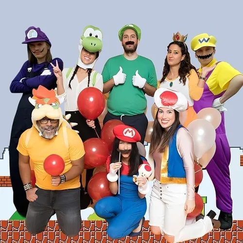 Vista 7 de Disfraz de cosplay de Halloween incluye sombrero amarillo unisex para adultos y niños, gorra morada, bigote, guantes, botones, tirantes accesorios