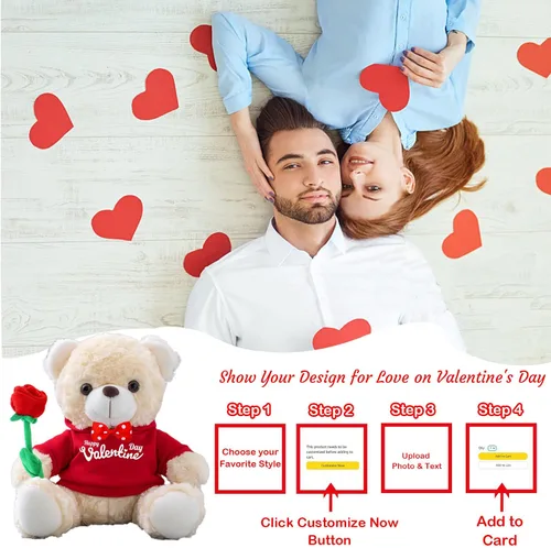 Vista 7 de Oso de peluche personalizado con foto y texto personalizado, oso de peluche de San Valentín con rosa y lazo para ella como regalo personalizado