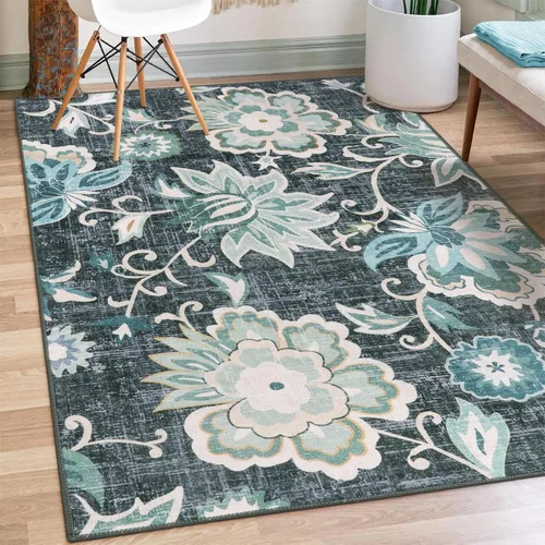 Vista 64 de Beeiva Alfombras florales de entrada, lavables para interiores, ultra fina, de 2 x 3 pies, antideslizante, para cocina, tapete de cachemira suave