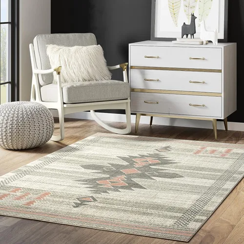 Vista 9 de Abani Porto Collection - Alfombra rectangular de 3 x 5 pies, alfombra decorativa rectangular con estampado tribal beige turco y azul