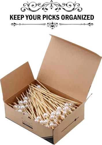 Vista 5 de Púas de bambú para cócteles, palillos de dientes, 120 unidades, 4.75 pulgadas, color blanco perlado de madera con volantes para aperitivo, Martini