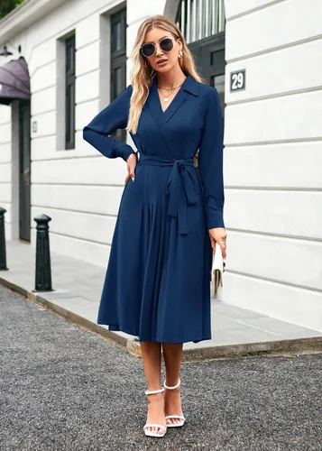 Vista 4 de GRACE KARIN Vestidos de trabajo de manga larga con cuello en V para mujer, vestidos de trabajo de manga larga con cuello en V para negocios, midi