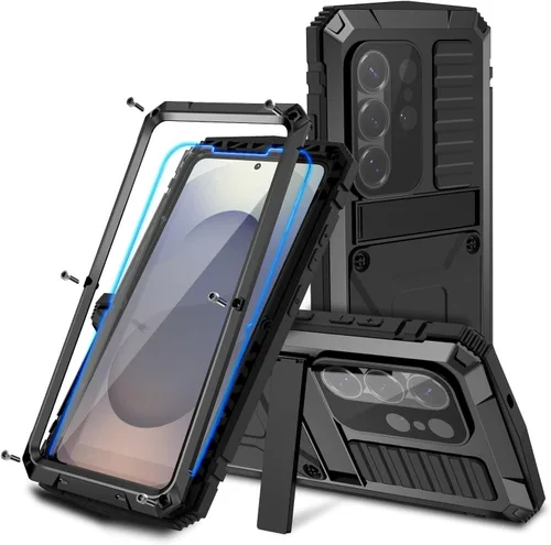 Vista 14 de Funda de metal para Samsung S22 5G con función atril, protector de pantalla integrado, resistente armadura militar duradera, cuerpo completo Negro