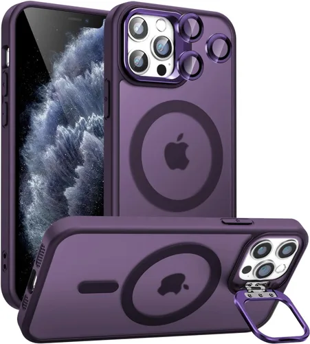 Vista 24 de Funda magnética para iPhone 11 con soporte, compatible con Magsafe, protección militar y protector de lente de cámara, funda translúcida mate