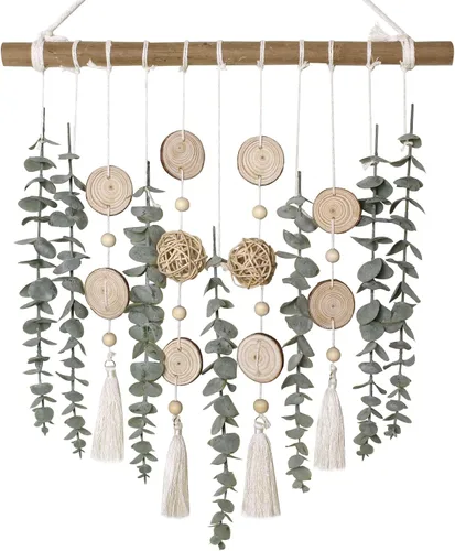 Vista 10 de Decoración de pared de eucalipto artificial con bola de mimbre, decoración bohemia natural para el hogar, guirnalda de cuentas de madera colgante