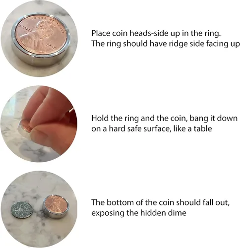 Vista 2 de Scotch & Soda Magic Coin Trick, Bang Coin con anillo de metal Bang Trick, moneda de diez y centavo con anillo de aluminio de metal
