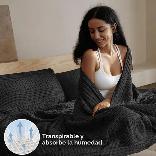 Vista 3 de PHF Lightweight 100% Cotton Waffle Blanket for Bed, Queen, Black 14 negro