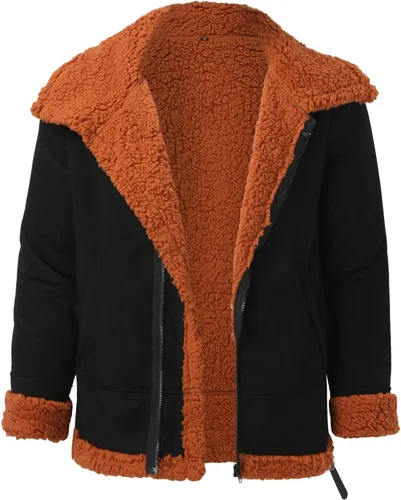Vista 3 de Chaqueta de piel sintética para hombre, chaqueta de piel sintética de gamuza, abrigo de invierno casual con solapa y forro de sherpa