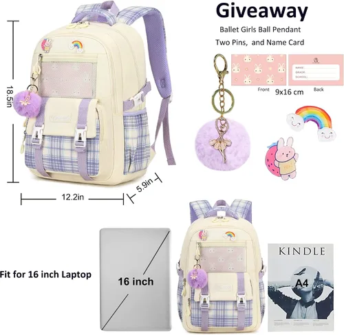 Vista 6 de AO ALI VICTORY Mochila escolar para laptop de 15.6 pulgadas, linda mochila escolar para niños, mochila universitaria primaria, bolsas grandes