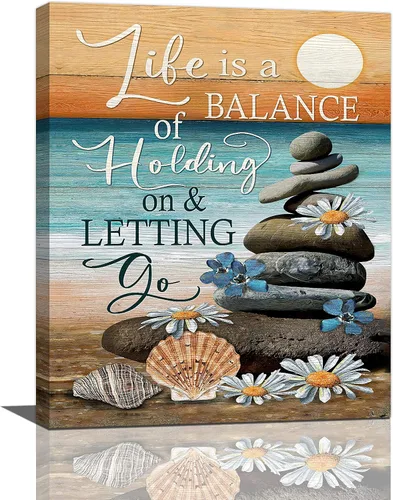 Vista 8 de Lienzo inspirador de playa costera, arte para pared, diseño de piedras zen, puesta de sol y océano, decoración de pared, citas de vida, impresiones