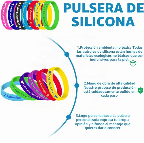 Vista 4 de Pulseras personalizadas para eventos a granel de 1 a 5000 unidades con icono de logotipo de texto, pulsera de silicona personalizada de 1/2 pulgada