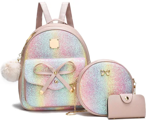 Vista 25 de I IHAYNER Mochila de cuero de moda de 3 piezas con lazo para niñas, mochila, bolso para mujer, mochila para damas, bolsa de hombro Beige