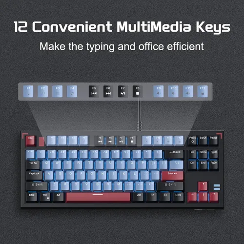 Vista 4 de Teclado mecánico compacto 80% para juegos, teclado mecánico tkl con cable con interruptores marrones, teclado retroiluminado azul hielo 87 teclas