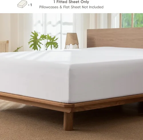 Vista 2 de MooMee Sábana bajera ajustable de solo 100% algodón lavado con textura parecida al lino, transpirable, duradera, suave, cómoda, bolsillo profundo