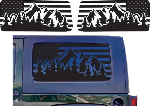 Vista 10 de Compatible con Jeep Wrangler JL (2 puertas) 2018-2023 Vinilos para ventanas precortados con bandera americana y escenas de montaña y bosque al aire