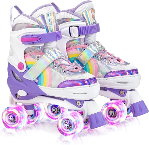 Vista 10 de SULIFEEL Rainbow Unicorn - Patines ajustables de 4 tamaños para niñas y niños de 3-5, 5-8, 6-12 años, patines para interiores y exteriores
