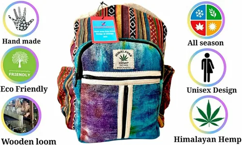 Vista 4 de Zillion Craft Mini mochila de cáñamo multicolor 100% natural. Mochila delgada y duradera con cremallera YKK más fuerte. Bolsa de lona Sylish