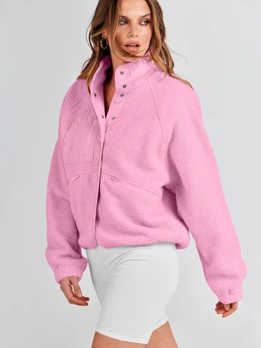 Vista 5 de ANRABESS Chaqueta de forro polar para mujer, con botones, informal, sherpa, recortada, abrigo, abrigo, con bolsillos