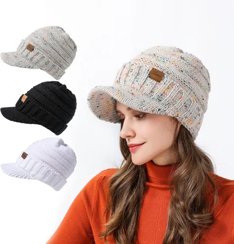 Vista 6 de Gorros de invierno para mujer Gorro de punto grueso, cálido y elegante, suave, elástico, lindo gorro de invierno para mujer con visera