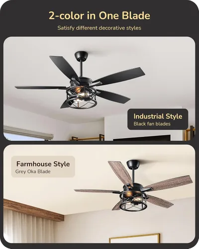 Vista 7 de EDISHINE - Ventilador de techo de granja negro de 42 pulgadas con luces, control remoto, regulable, 6 velocidades, 5 aspas de madera, motor