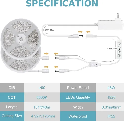 Vista 6 de Wefomey Tira de luces LED blancas, tira de luces LED regulables de 24 V de 131 pies, 6500 K, luz blanca brillante, cinta de luces flexibles
