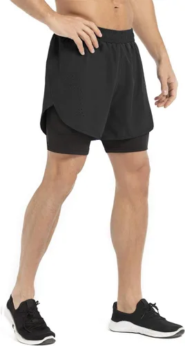 Vista 3 de Gesean Pantalones cortos de entrenamiento 2 en 1 para hombre, 5 pulgadas, ligeros, para gimnasio, entrenamiento, deporte, con bolsillos para teléfono