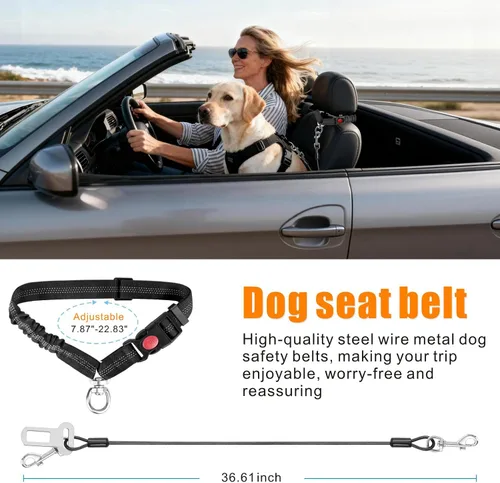 Vista 4 de Idepet Cinturón de seguridad para perro para automóvil, 2 piezas de cinturón de seguridad de perro de acero inoxidable a prueba de mordidas, arnés 3