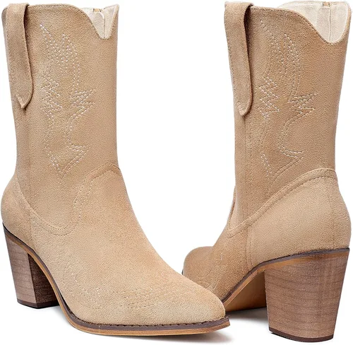Vista 4 de SHIBEVER Botas vaqueras para mujer, de pantorrilla ancha, con bordado occidental, botas vaqueras con puntera puntiaguda