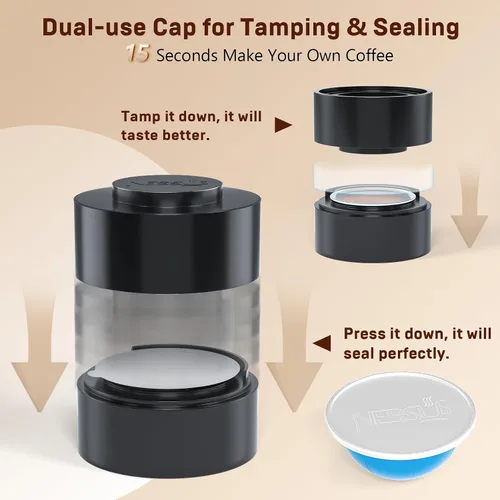 Vista 2 de Kit Reutilizable Nessus para Cápsulas Nespresso Vertuo, Reutiliza Cápsulas de Café Antiguas para Nespresso Vertuo: 100 Piezas de Tapa de Aluminio