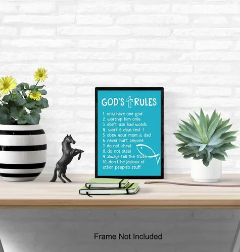 Vista 4 de Los Diez Mandamientos – Decoración de pared bendita religiosa – Arte de pared de escritura cristiana – Decoración de citas positivas – Arte azul