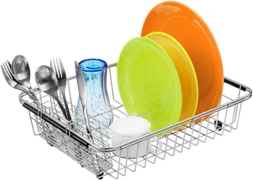 Vista 5 de SANNO Escurridor de platos con soporte para utensilios de acero inoxidable, escurridor grande para platos, estante expandible para fregadero o sobre