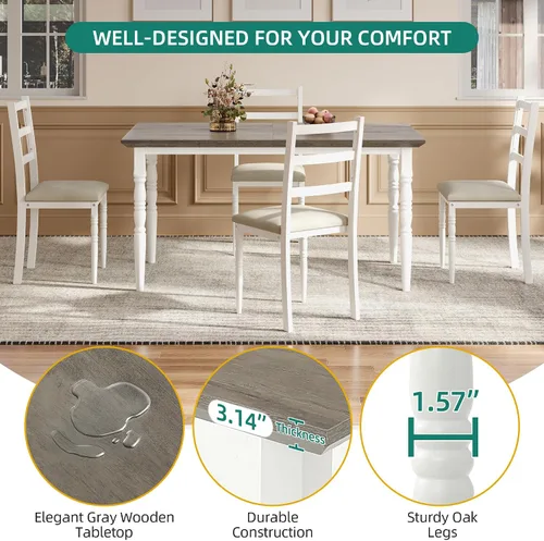 Vista 3 de YITAHOME Juego de mesa de comedor de 5 piezas para 4, mesa de comedor de granja con sillas tapizadas de piel sintética, juego de mesa rectangular