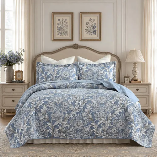 Vista 26 de Juego de edredón 100% algodón tamaño Queen de 3 piezas, edredón floral de damasco con 2 fundas, colcha acolchada floral vintage, ropa de cama ligera
