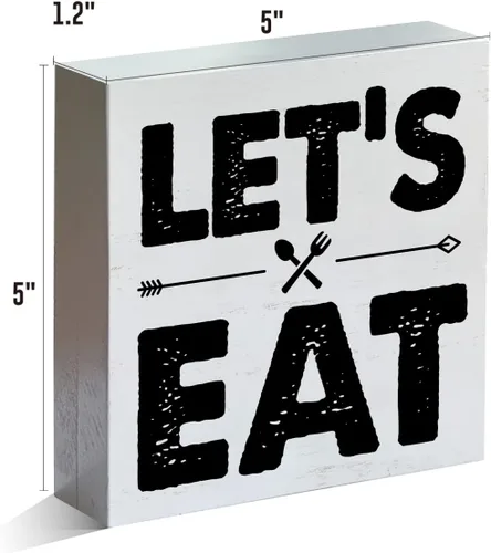 Vista 2 de Letrero de madera con texto en inglés "Let's Eat" de granja con texto en inglés "Let's Eat", moderno bloque de madera, letrero de mesa para comedor